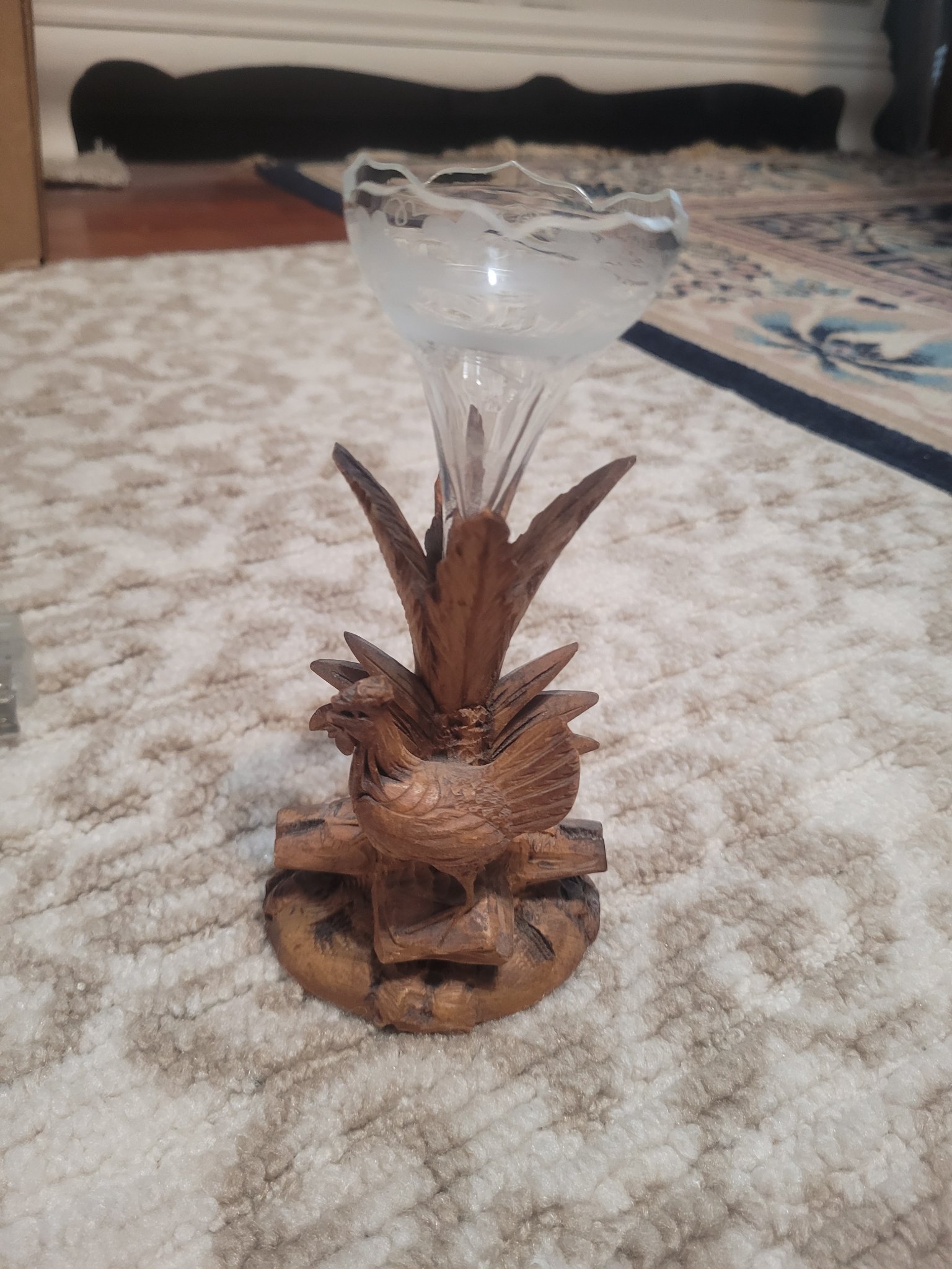 Carved wooden rooster-form vase or bud vase stand