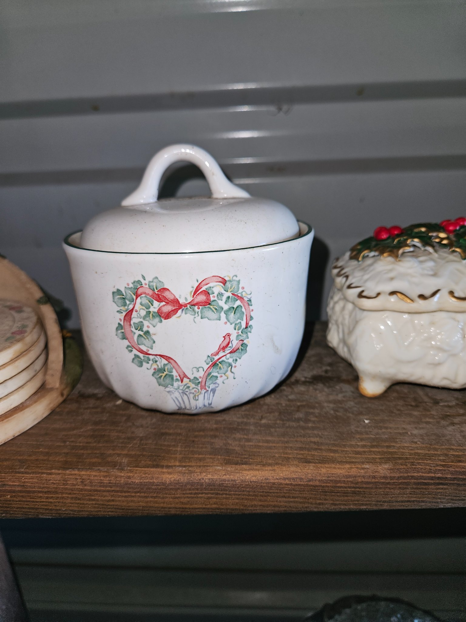 Ceramic lidded sugar bowl or covered canister with holiday motif