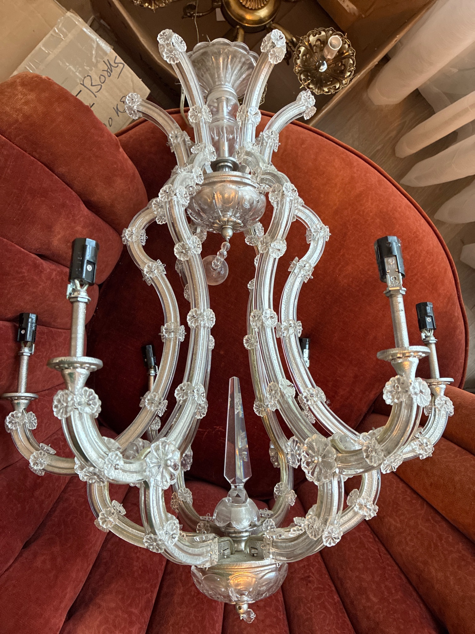 Clear glass and metal multi-arm chandelier / pendant light fixture