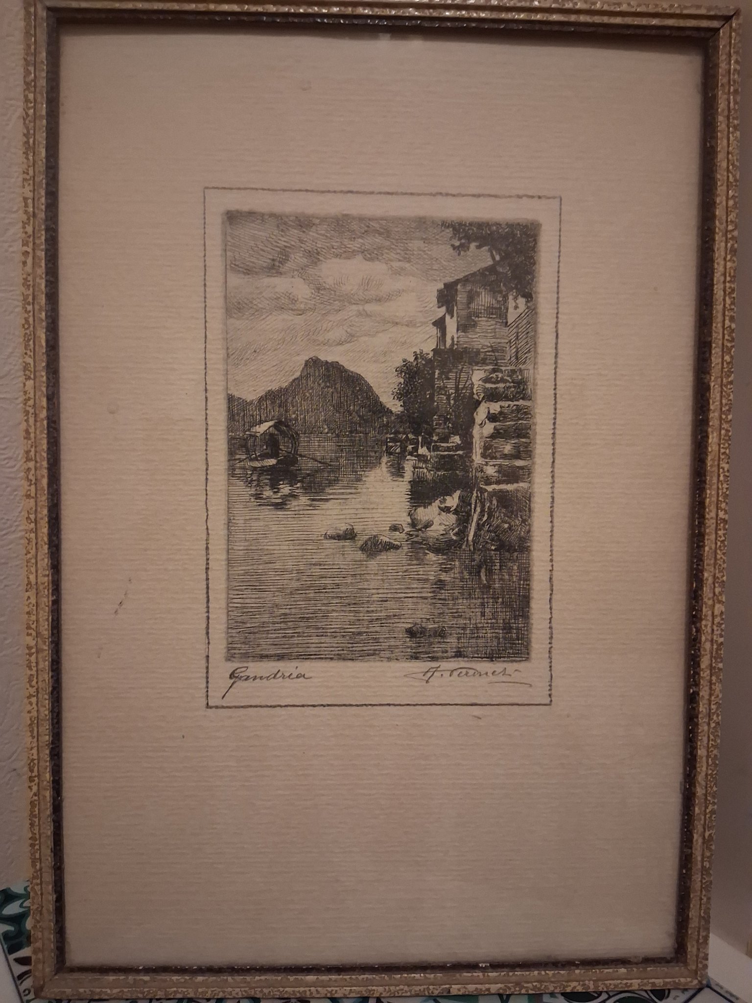 Framed etching or drypoint landscape print, signed by the artist