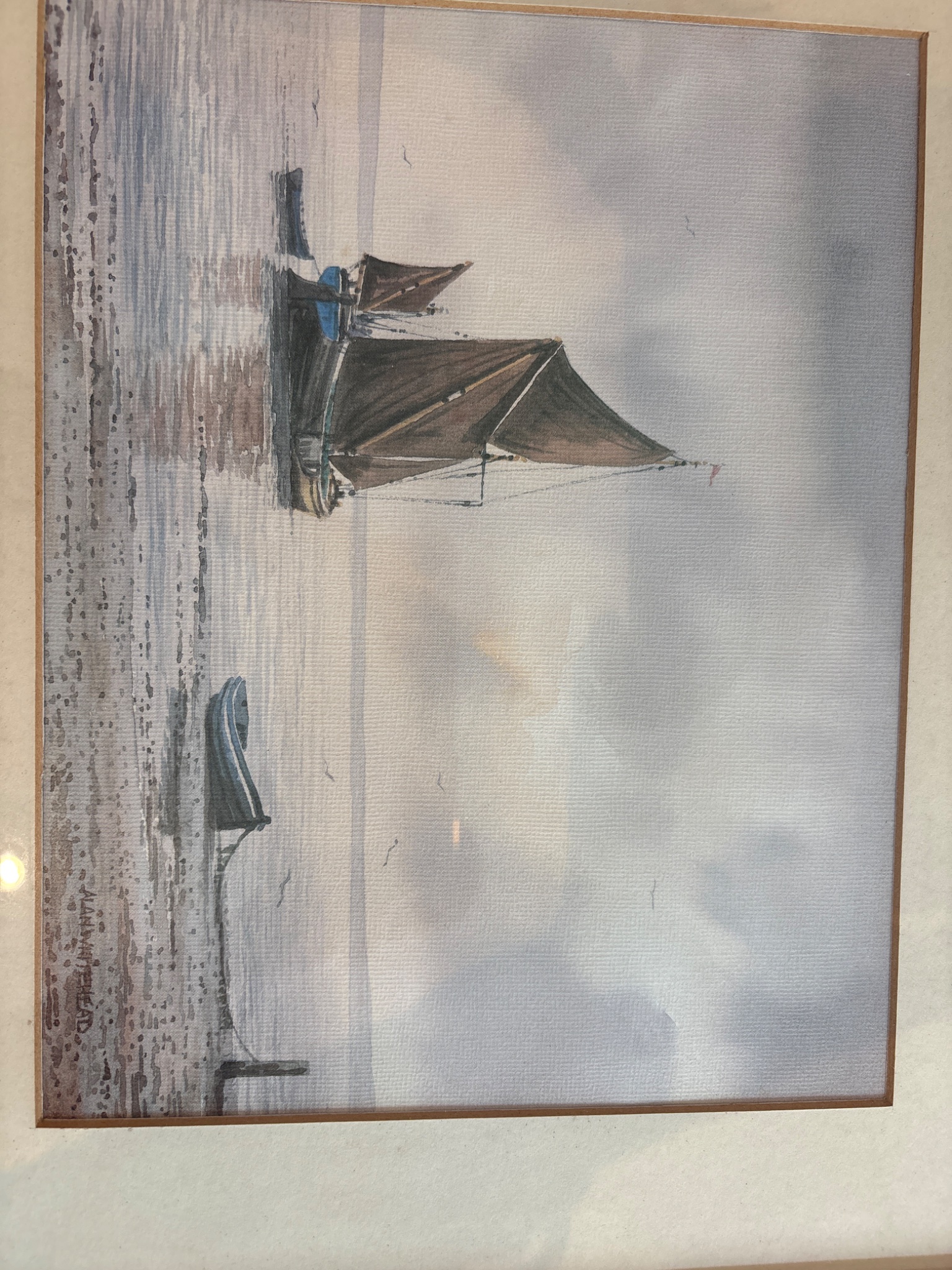 Framed watercolor seascape painting of sailboats
