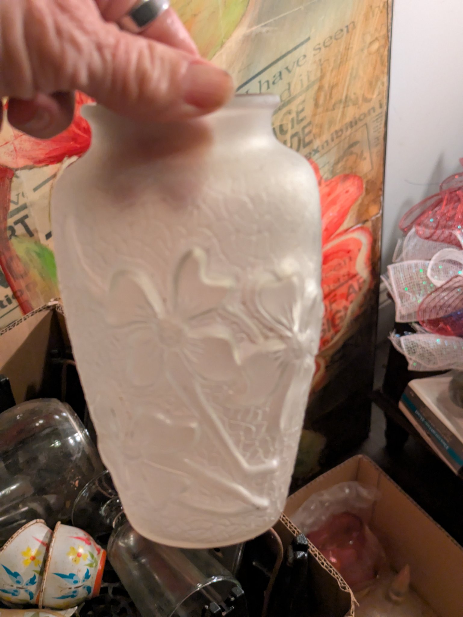 Frosted pressed-glass vase with floral relief decoration