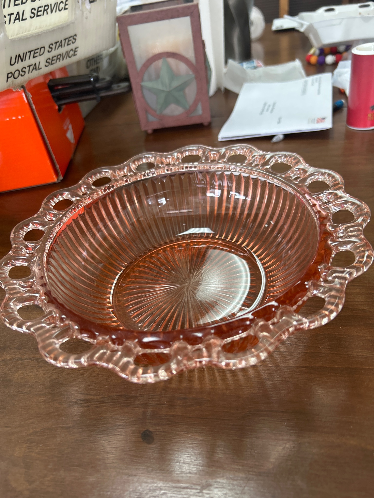 Pink pressed-glass decorative serving bowl