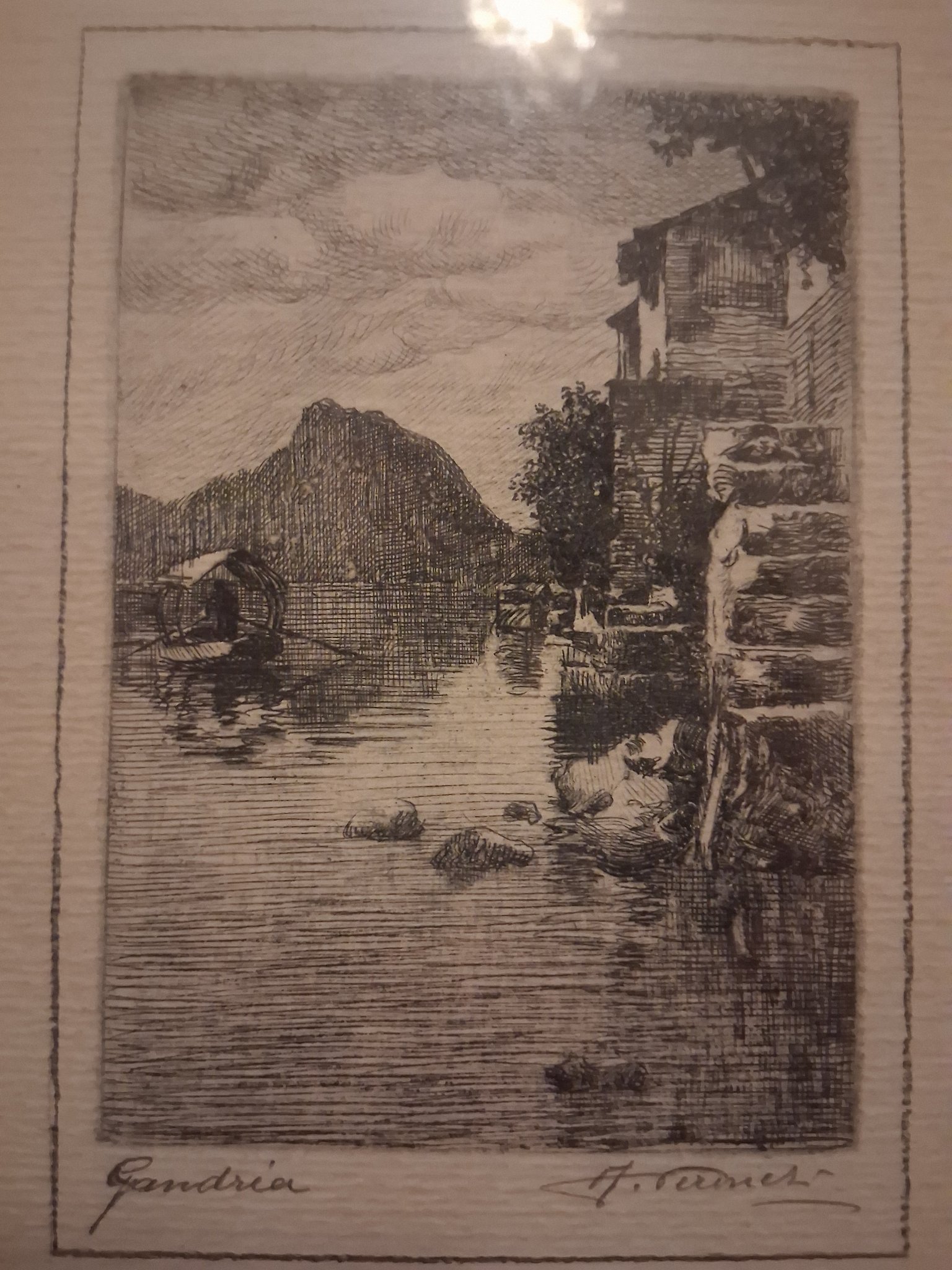 Signed landscape etching or drypoint print titled "Gandria"